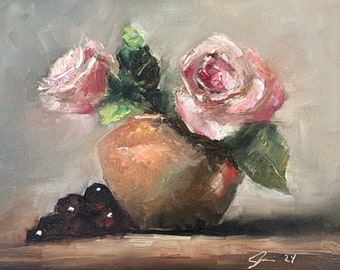 Art Original  Oil Painting  Roses And Cooper Canvas 8X10