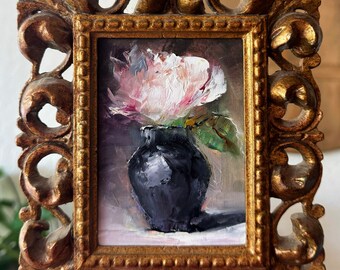 Art Original  Oil Painting Moody Peony Antique Resin Frame Total Measurement 6X6.5”