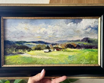 Art Original  Oil Painting  Landscape Mountains Of My Mind  Canvas Panel Board 12X6 Custom Frame Included