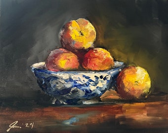 Art Original  Oil Painting  Classical Chiaroscuro Moody Peaches And Blue Glass Canvas Board 8X10