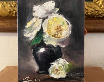 Art Original  Oil Painting Subtle Roses And Plum Canvas Board 5X7