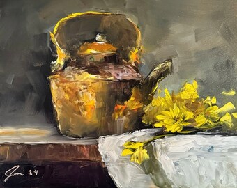 Art Original  Oil Painting Spring Yellow And Copper Canvas Board 8X10