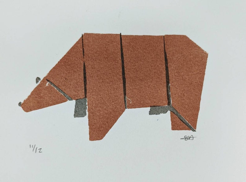 Screenprint Origami Animals Brown Bear