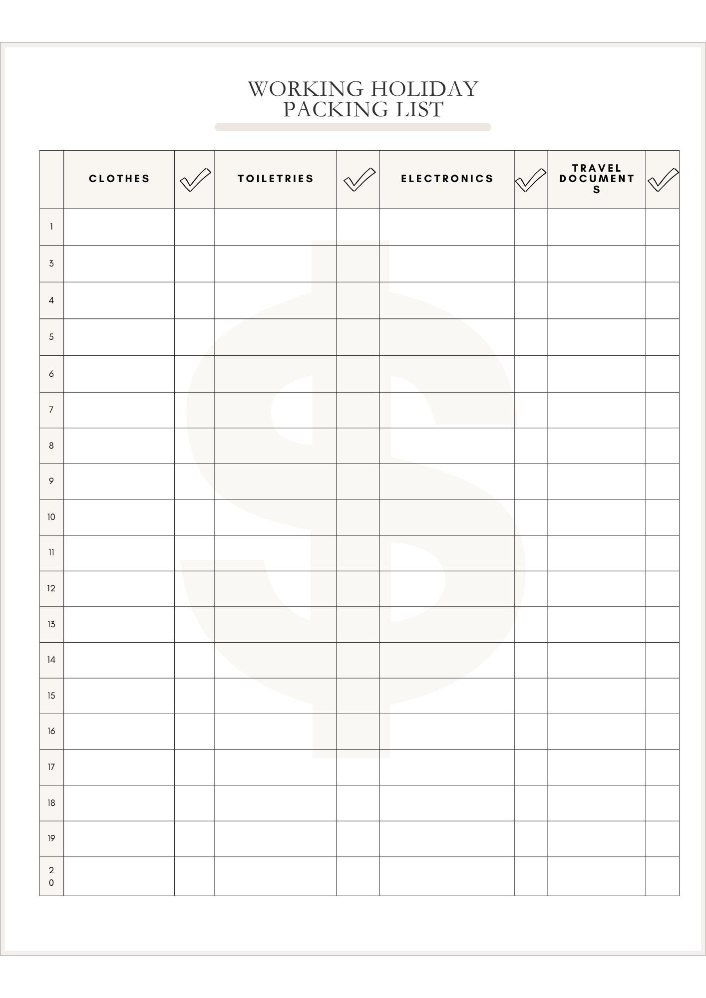 Working Packing List Working Holiday Packing List Printable PDF | Minimal to Do List ...