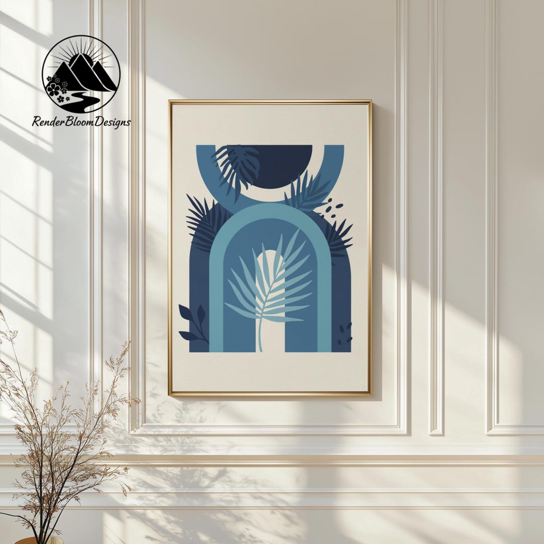 Blue Abstract Botanical Arch Wall Art Print, Modern Boho (digital ...