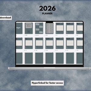 May include: A laptop screen displays a digital planner for 2026. The planner features a teal cover and calendar pages. Text on the screen includes "Instant download" and "Hyperlinked for faster access."
