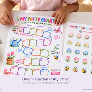 May include: A potty training chart titled My Potty Chart Watch My Garden Grow with twenty numbered spaces, accompanied by a sheet of colorful flower and bee stickers, blue scissors, and a glue stick on a white surface.