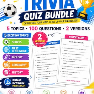 May include: A Teens Trivia Quiz Bundle printable featuring a football and gold trophy. The document includes 5 topics, 100 questions, and 2 versions, with and without clues. Text includes 'TEENS TRIVIA QUIZ BUNDLE', 'AGES 13+', and 'INSTANT DOWNLOAD'.