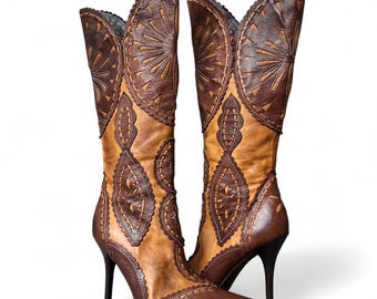 Vintage Two-Tone Leather Cutwork Cowboy Heel Boots