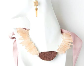 Rose Quartz + Druzy Statement Necklace – Removable Satin Ribbon Tie – Cocktail Choker Necklace - Pauletta Brooks Wearable Art One of a Kind