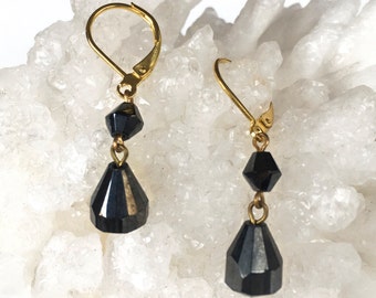 Black Hematite Dangle + Drop Earrings- Delicate Feminine Earrings- Black Tie Day to Night Earrings- Black Beaded Earrings with Vintage Beads