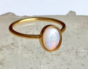 OPAL Ring- Opalescent White Gemstone in Gold Vermeil- Dainty Oval Cabochon Stacking Ring-  Gemstone Ring for Serenity and Calm-  US size 6.5