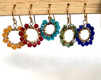 Small Beaded Hoop Earrings: Gemstone, Pearl, and Crystal - Wire Wrapped Boho Earrings in Gold or Silver- Pauletta Brooks Wearable Art