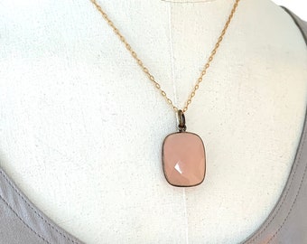 Pink Chalcedony Classic Gemstone Necklace- Pink Mineral Necklace on Gold Chain- Great Gift for BFF, Mother, Valentine, Graduation or Bride