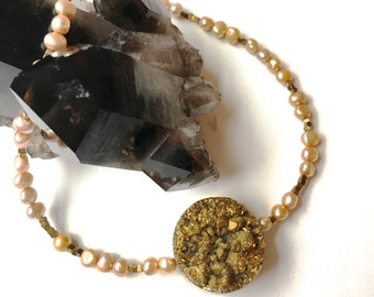 Gold Druzy with Pearls Choker/Necklace/Bracelet- Sparkling Gold Raw Druse- Fresh Water Pearls- Convertible Jewelry- on Sale