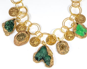 Malachite Pyrite and Uvarovite Druzy Choker with Gold Coins CHARM NECKLACE- Green Mineral Choker- One of a Kind Pauletta Brooks Wearable Art
