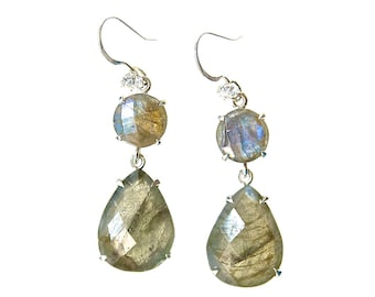 LABRADORITE Dangle Statement Earrings with Zircon Studded Ear Wires- Faceted Crystal Mineral Gem Earrings in Sterling Silver- Glamorous Gift