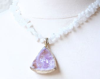 Pale Lavender Druzy with Moonstone Beads Choker Necklace-Sterling Silver Pendant- Raw Mineral Druze Statement Necklace- OOAK Feminine Gift!