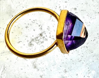Amethyst Birthstone Ring: Gold Vermeil Square Collet Statement Ring, US Size 6.75, Faceted Gemstone in Gold Vermeil, Chunky Mineral Ring