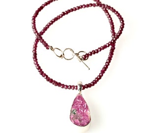 Cobaltoan Calcite Druzy Pendant in Sterling Silver on GARNET Beaded Strand- Natural Pink Mineral Gemstone Teardrop Shape Statement Necklace