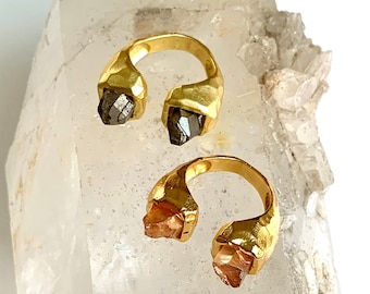 Quartz Crystal Ring: Adjustable Matte Gold or Silver Gemstone Ring, Chunky Raw Quartz Unisex Ring with Raw Crystal Points