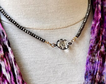 Dainty Pyrite Bead Strand Necklace with Cut Crystal Charm - Dainty Mineral Choker Necklace – Petite Wearable Art by Pauletta Brooks