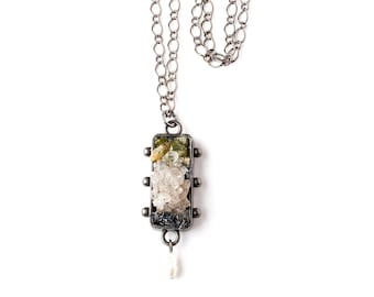 Herkimer Diamond or Prehnite Mineral Necklace / WEARABLE ART Mineral Pendant / Medieval, Baroque, Goth style Jewelry- on Sale!