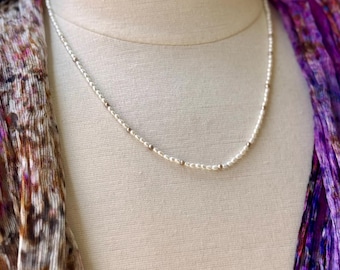Dainty Pearl Strand Necklace with White and Gold Natural Rice Pearls , Tiny Pearl Beaded Choker, Genuine Pearl Strand Necklace White + Gold