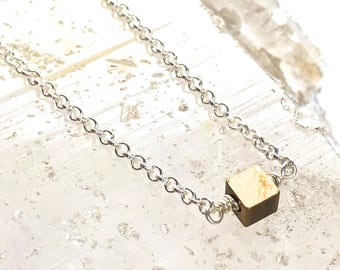 Tiny CUBE CHARM Necklace- Two Tone Layering Necklace- Silver with Brass Dainty Cube Charm- Bridesmaid Gift Necklace- Great Gift for Petites!