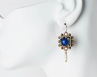 LAPIS LAZULI Gemstone Statement Earrings / Lapis + Pyrite Mineral Earrings / Medieval Baroque Dangle Earrings / Hobnail Earrings-on SALE!