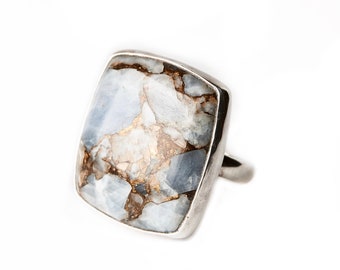 Blue Stone Square Ring: Calcite Matrix Sterling Silver -  Boho Statement Unisex Ring (Size 6.25)