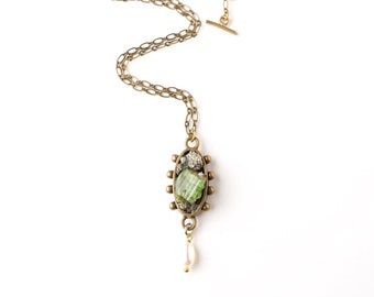 Green Tourmaline Pendant With Pearl Drop / Roughcut Mineral Necklace in Medieval, Baroque style / Pale GREEN Tourmaline Wearable Art Jewelry