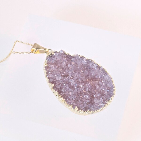Large Amethyst Druzy Pendant/Necklace-Raw Crystal Druze- Sparkling Stone in Gold- Feminine + Classic style Mineral Necklace for Her