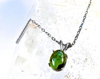 GREEN TOURMALINE Pendant/Necklace on Sterling Silver chain-Green polished Cabochon Gemstone-Mineral Single drop Necklace-Lovely Great Gift!