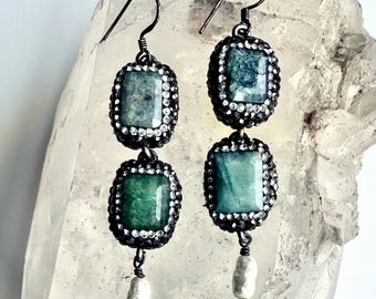 Pavé Crystal Gemstone Earrings - Variscite with Hematite Pavé and Pearl - Natural Long Mineral Earrings