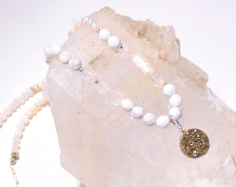 SALE! Golden Druzy Beaded Necklace w. White Pearls and Moonstones- Gold and White Mineral Necklace- OOAK Classic Druze Sparkling Gemstone