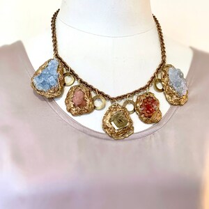 Colorful OOAK Statement Necklace w. Baryte, Olmiite, Vanadinite and CELESTITE in Gold Resin / Multi Gemstone Choker Necklace / Wearable Art image 4