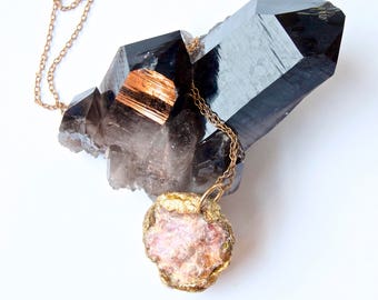 Hesonite Garnet Raw Mineral Necklace- Pink Crystal stone in Sculpted Gold Resin Setting- OOAK Handmade Wearable Art Necklace gift- ON SALE!