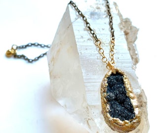 Black Druzy Quartz Pendant Necklace on Mixed Gold Chain – Layering Necklace - Artisan Jewelry Wearable Art by Pauletta Brooks