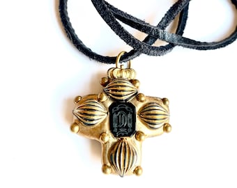 Vintage Black + Gold BYZANTINE small CROSS Necklace- iconography - insignia OOAK Medieval, Baroque Game of Thrones style! Wearable Art Cross