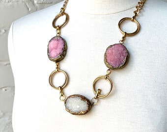 SALE- White and Pink Druzy Chunky Necklace- Druzy Mineral Necklace with Gold Chain- Colorful Choker Necklace with Pink + White Quartz Druzy