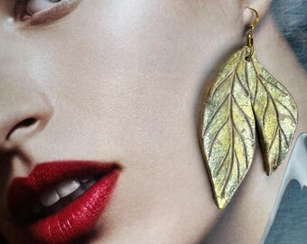Sculpted Leaf Earrings: Gold Patina, Polymer Clay - Gold and Green Metallic LEAF Dangles - Pauletta Brooks Wearable Art
