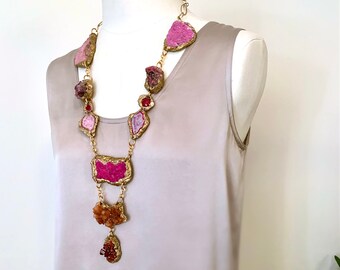 Pink and Gold Druzy Long Statement Necklace – Cobaltoan Calcite Sculpted Resin One of a Kind Wearable Art by Pauletta Brooks