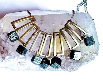 Egyptian Collar Bib Necklace, Pyrite Statement Necklace: Gold Mix with Pyrite Cubes - Chunky One of a Kind Mineral Necklace- Pauletta Brooks