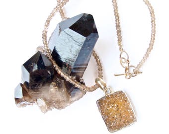 Smoky Quartz Square Druzy Pendant/Necklace/Choker with Smoky Quartz Beads- Sterling Silver Mineral Necklace- Sparkly Stone-Elegant+ Classic!