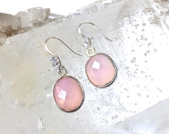 PINK CHALCEDONY Gemstone Earrings with Swarovski Detail- Pink Chalcedony Dainty Dangle Earrings in Sterling Silver-Classic Great Gift!