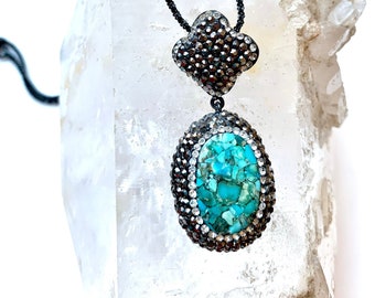 Turquoise Pavé Necklace – White Water Turquoise, Hematite & Swarovski Crystal – Wearable Art by Pauletta Brooks