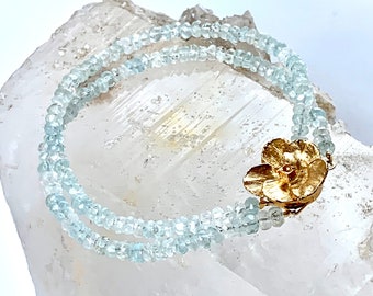 AQUAMARINE Bracelet with Vintage Floral Clasp- AQUAMARINE Mineral Pale Blue Stone Bracelet- Feminine and Classic Bracelet-Lovely Retro Gift!