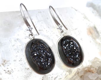 BLACK DRUZY and Silver Gemstone Earrings- Elegant Dangle Drop Earrings- Oval Stone Swarovski Crystal Hooks- Black Tie Affair