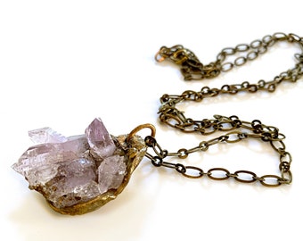 Light Amethyst Crystal Gem Mineral Necklace Sculpted in Gold Metallic Resin- Organic Raw Gemstone Necklace on Long Vintage Brass Chain- OOAK